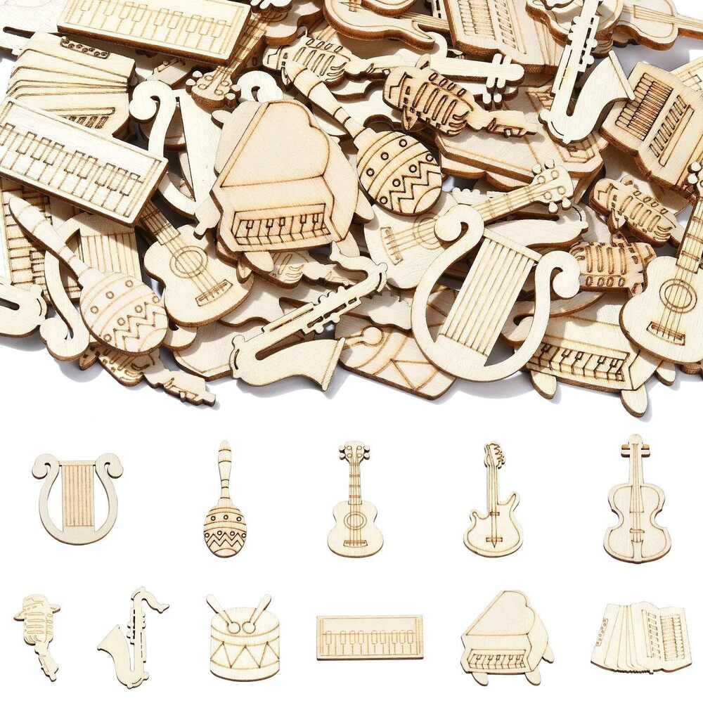 9279 100 Pcs Random Wooden Musical Instrument Cutouts Piano Guitar Drum